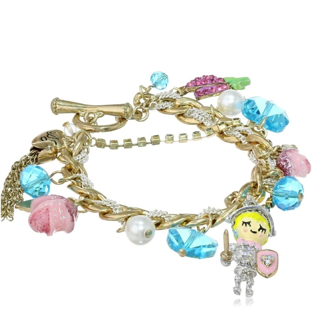 Betsey Johnson "Fairyland Knight” Charms Pink Flowers‎ Heart Toggle Clasp New